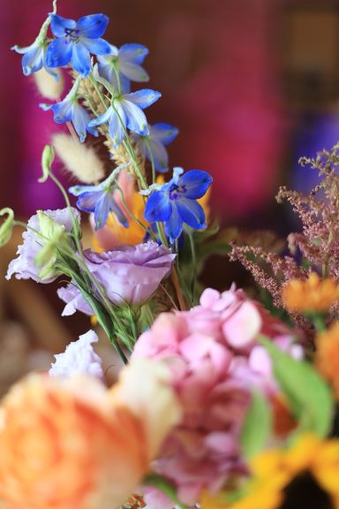Bunte Blumenarrangements mit blauen und lila Blüten.